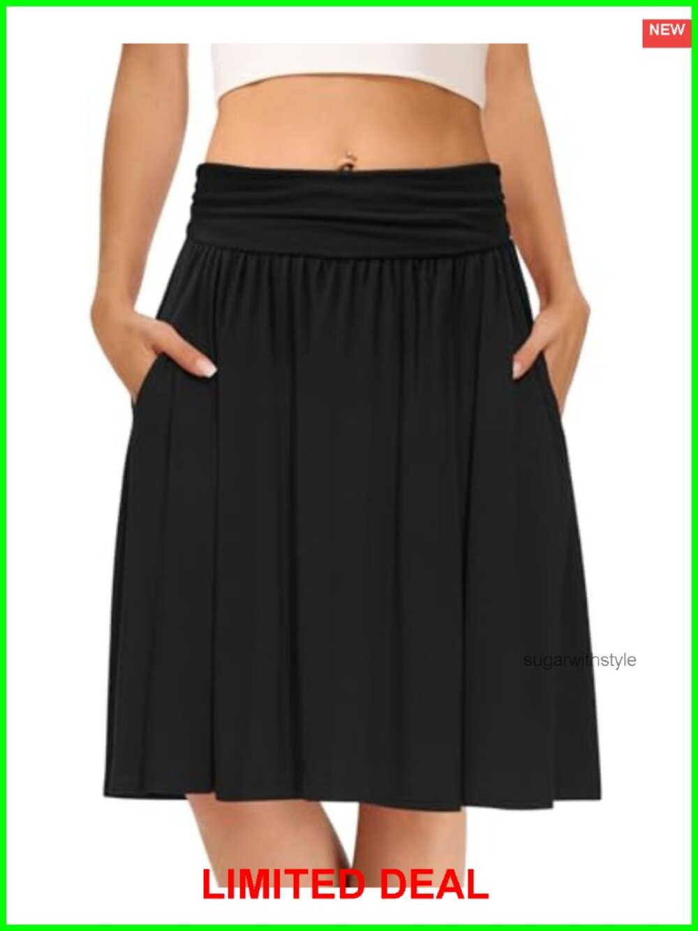 Women Midi A-Line Pleated High Waist Flowy Skirt with Pockets